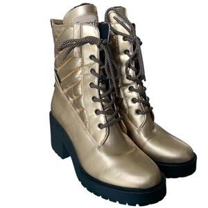 Franco Sarto Gold Faux Leather Lace Up Combat Chunky Lug Platform Heel Bootie 10